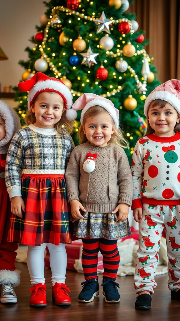 Children in Christmas outfits smiling in front of a decorated Christmas tree.